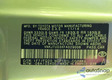 2015 Toyota Yaris L из США, поврежденный, VIN VNKJTUD3XFA029006